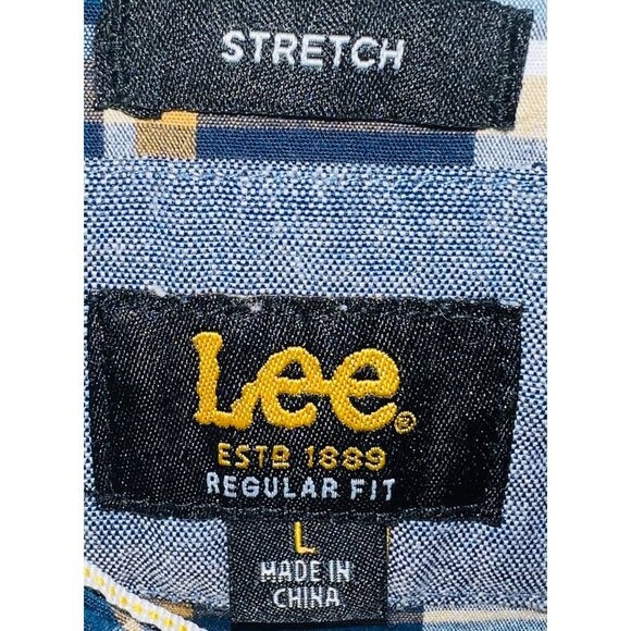 Lee Men's Stretch Regular Fit Plaid Shirt L Blue & Yellow - Picture 2 of 2